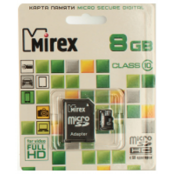 Карта памяти 8Gb - Mirex - Micro Secure Digital HC Class 10 13613-AD10SD08 с переходником под SD (Оригинальная